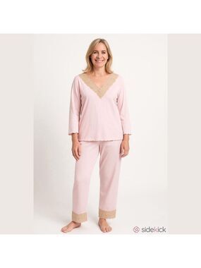 Cabernet Pink Tan Lace Trim Sleepwear Two Piece Pajama Set Size Medium